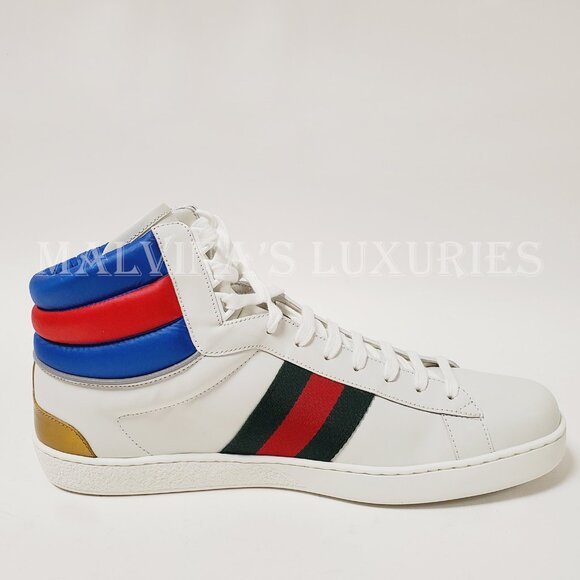 GUCCI SNEAKERS MENS ACE HIGH TOP WHITE LEATHER WEB STRIPE SHOES sz 10G 10.5 - Picture 6 of 12